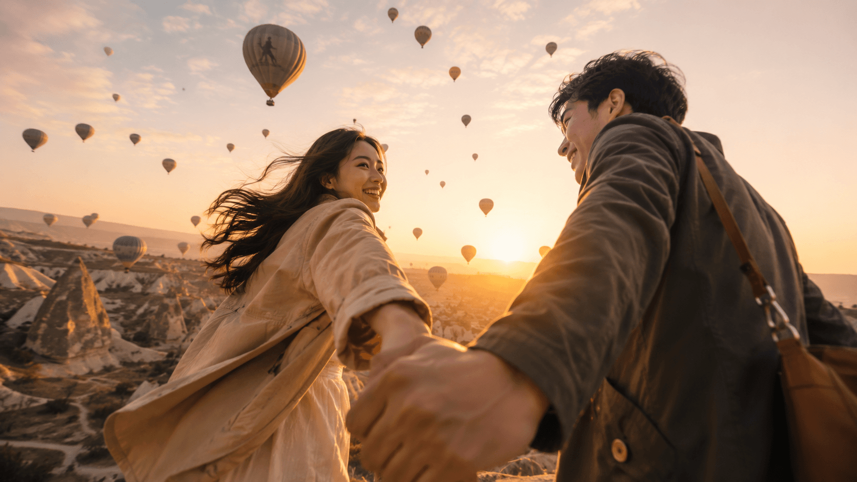 Sunrise hot air balloon atmosphere in Cappadocia, Turki